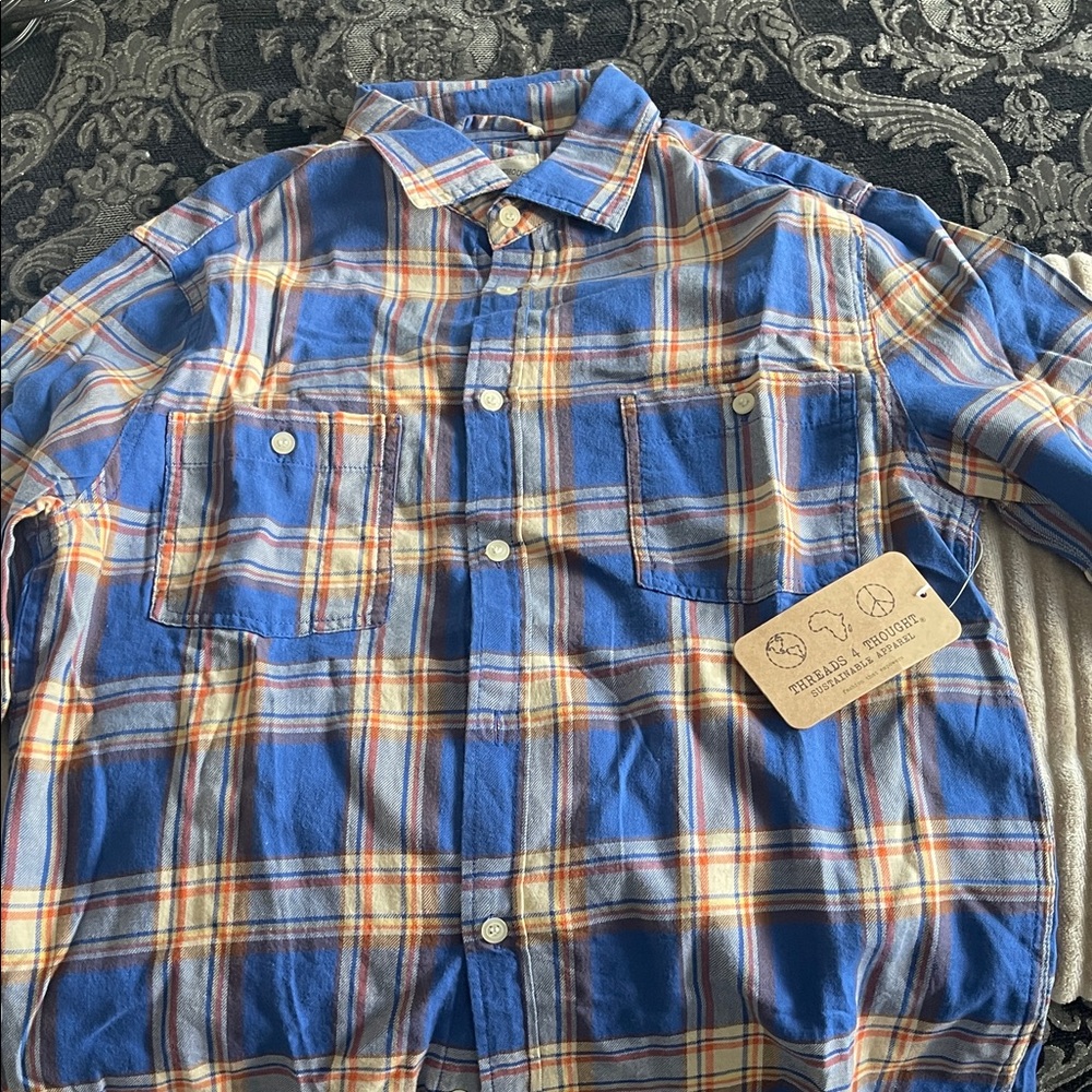 Thread & Supply Blue Plaid Button-Down Shirt with Orange and Cream Accents